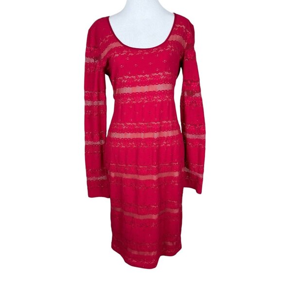 Bcbg Max Azria Dress Medium Lace Illusion Sheath Tanya Sangria Red Bodycon LS - Picture 2 of 12